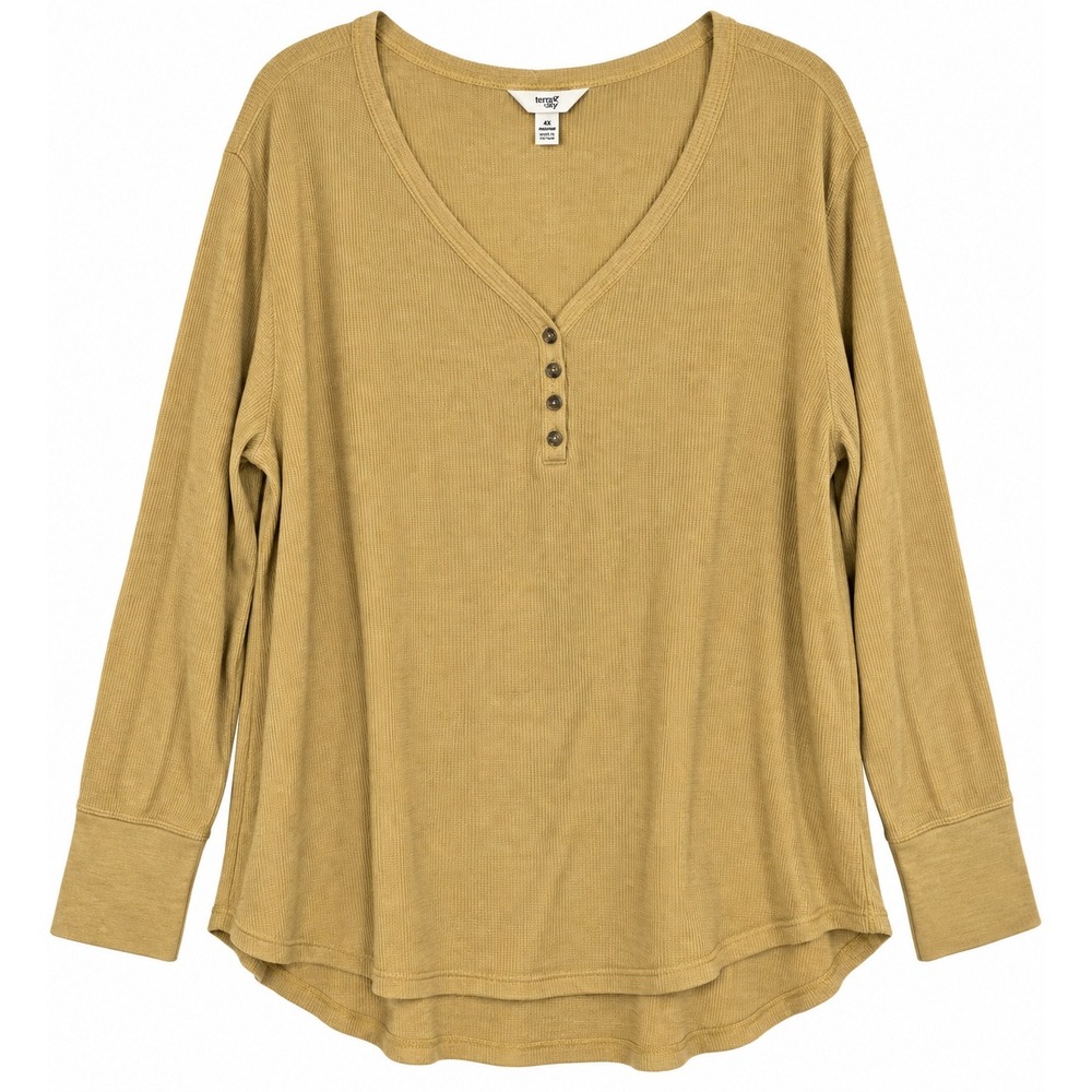 Womens Henley 2X Mustard Yellow Waffle Knit V-Neck Long Sleeve Top Boho Bella